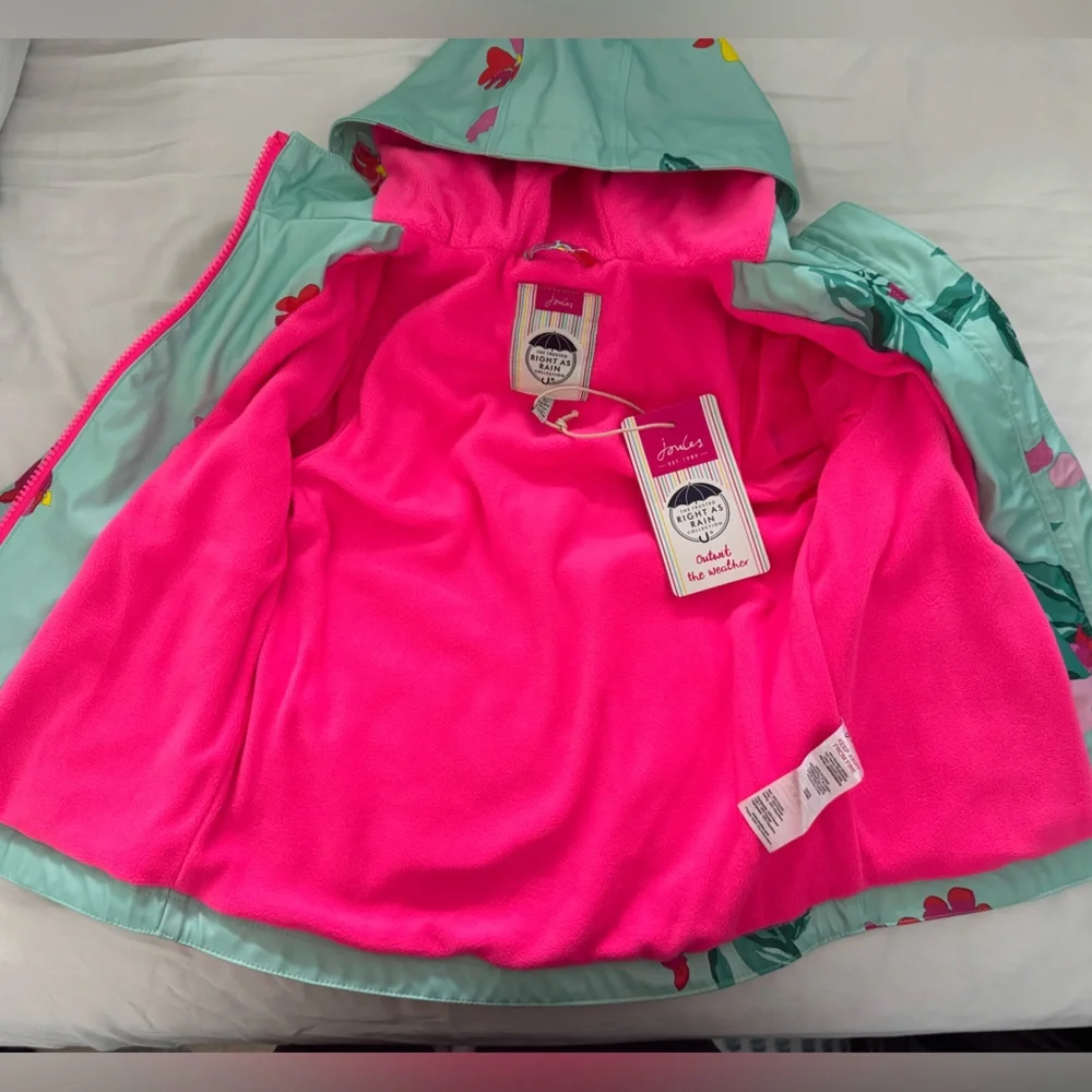 NWT Joules Teal Floral Rain Coat Jacket with Pink Fleece Interior